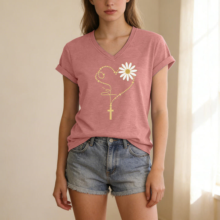 Christianartworkshop Lässiges T-Shirt mit goldenem Punkt, Herz, Kreuz und Gänseblümchenmuster sowie V-Ausschnitt - image 15