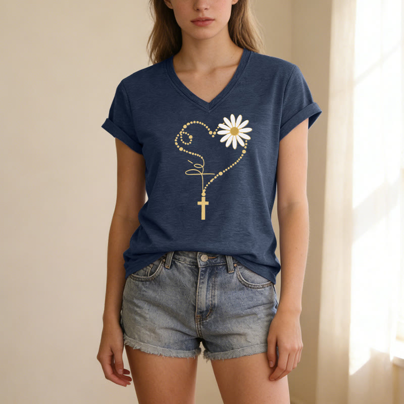 Christianartworkshop Lässiges T-Shirt mit goldenem Punkt, Herz, Kreuz und Gänseblümchenmuster sowie V-Ausschnitt - image 21