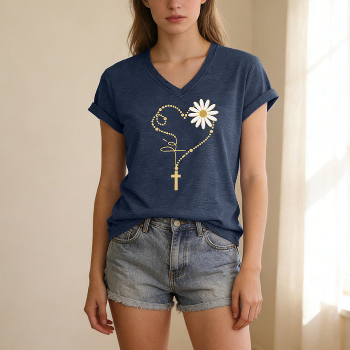 Christianartworkshop Lässiges T-Shirt mit goldenem Punkt, Herz, Kreuz und Gänseblümchenmuster sowie V-Ausschnitt - image 21