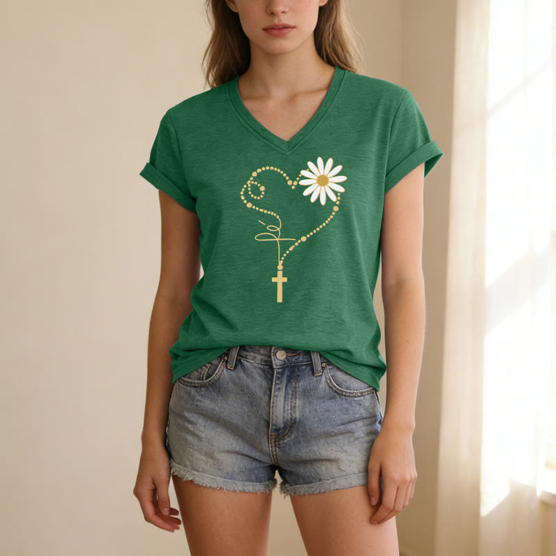 Christianartworkshop Lässiges T-Shirt mit goldenem Punkt, Herz, Kreuz und Gänseblümchenmuster sowie V-Ausschnitt - image 17