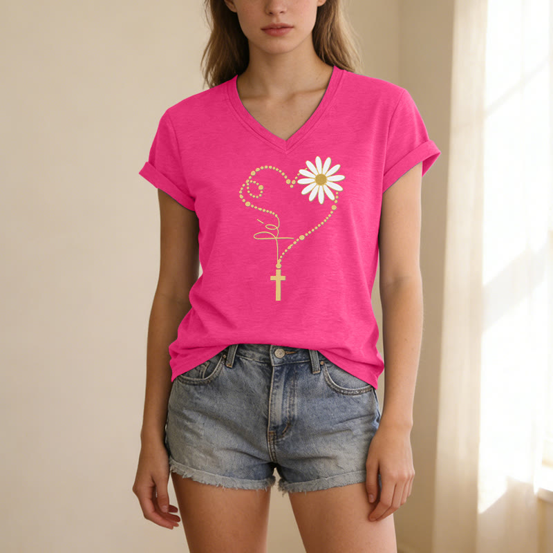 Christianartworkshop Lässiges T-Shirt mit goldenem Punkt, Herz, Kreuz und Gänseblümchenmuster sowie V-Ausschnitt - image 25