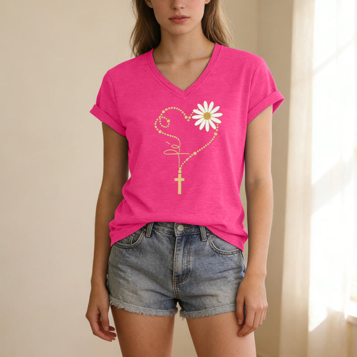 Christianartworkshop Lässiges T-Shirt mit goldenem Punkt, Herz, Kreuz und Gänseblümchenmuster sowie V-Ausschnitt - image 25
