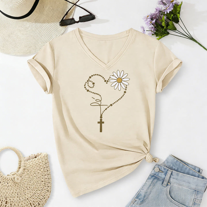 Christianartworkshop Lässiges T-Shirt mit goldenem Punkt, Herz, Kreuz und Gänseblümchenmuster sowie V-Ausschnitt - Beige - 2XL - image 4