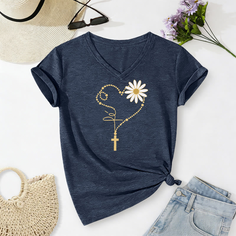 Christianartworkshop Lässiges T-Shirt mit goldenem Punkt, Herz, Kreuz und Gänseblümchenmuster sowie V-Ausschnitt - Marineblau - 2XL - image 20