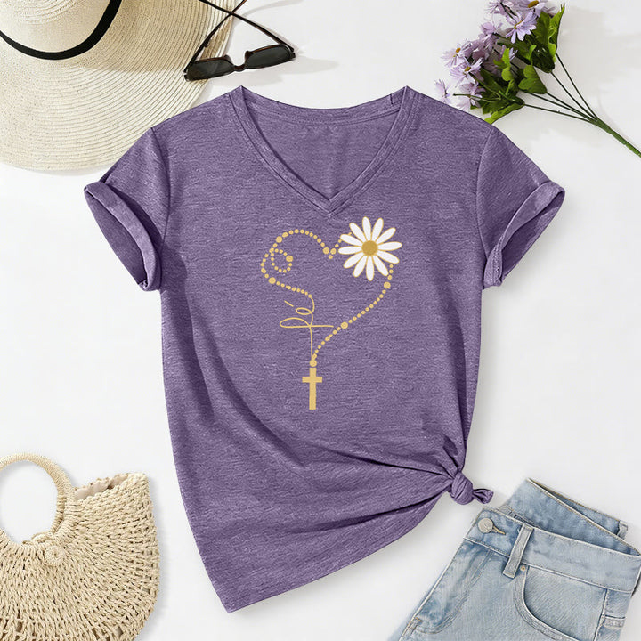 Christianartworkshop Lässiges T-Shirt mit goldenem Punkt, Herz, Kreuz und Gänseblümchenmuster sowie V-Ausschnitt - Lila - 2XL - image 18