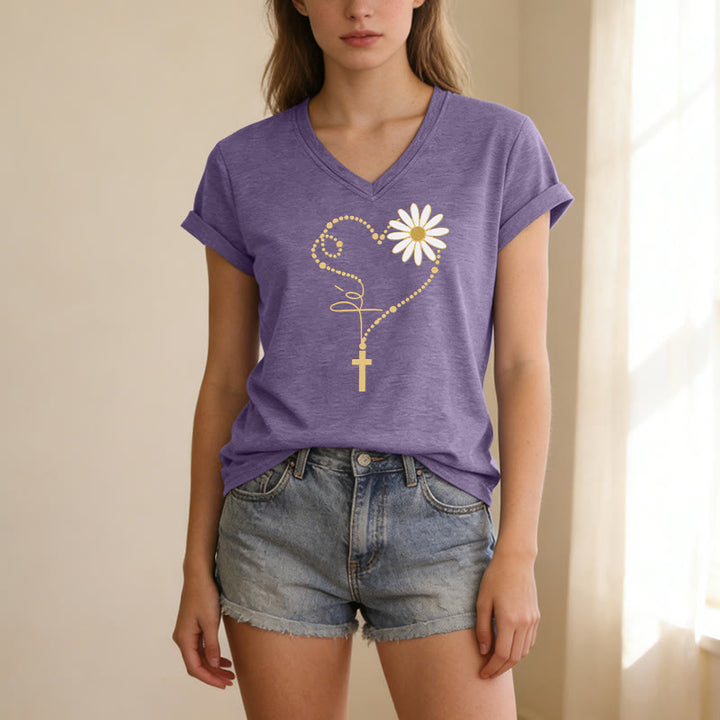 Christianartworkshop Lässiges T-Shirt mit goldenem Punkt, Herz, Kreuz und Gänseblümchenmuster sowie V-Ausschnitt - image 19