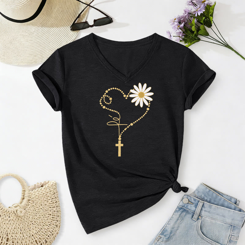 Christianartworkshop Lässiges T-Shirt mit goldenem Punkt, Herz, Kreuz und Gänseblümchenmuster sowie V-Ausschnitt - Schwarz - 2XL - image 2