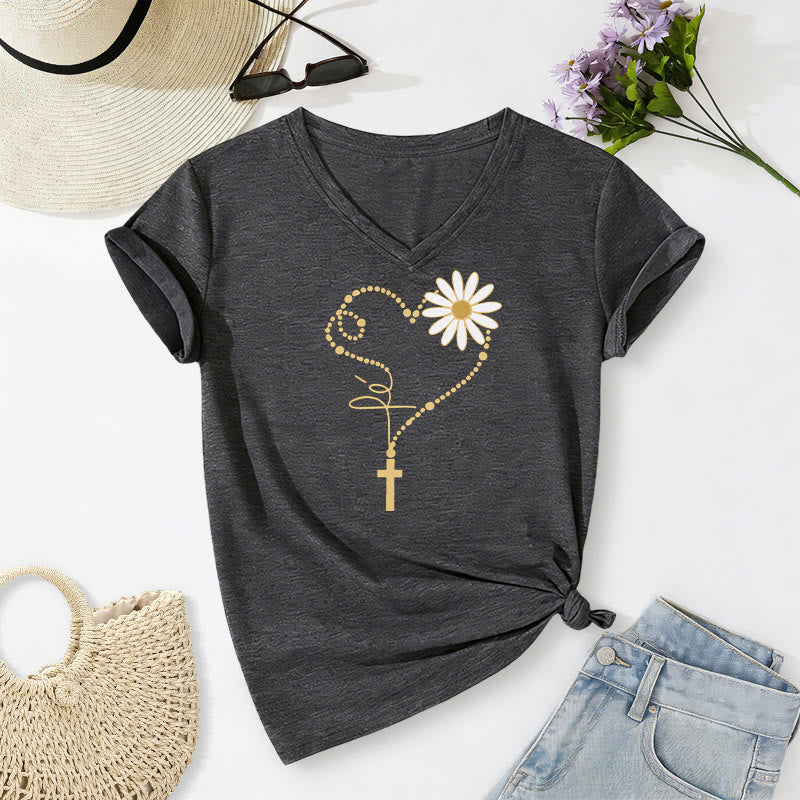 Christianartworkshop Lässiges T-Shirt mit goldenem Punkt, Herz, Kreuz und Gänseblümchenmuster sowie V-Ausschnitt - Dunkelgrau - 2XL - image 0