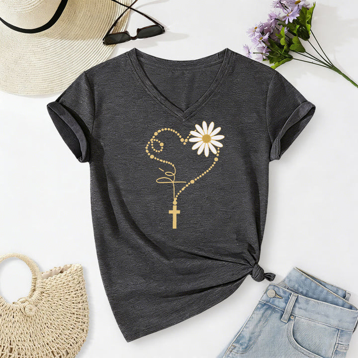 Christianartworkshop Lässiges T-Shirt mit goldenem Punkt, Herz, Kreuz und Gänseblümchenmuster sowie V-Ausschnitt - Dunkelgrau - 2XL - image 0