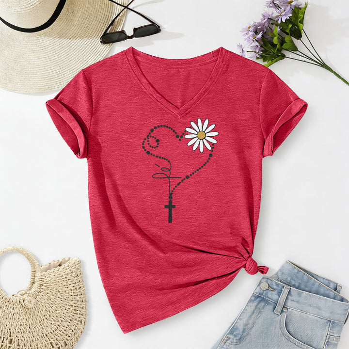 Christianartworkshop Lässiges T-Shirt mit goldenem Punkt, Herz, Kreuz und Gänseblümchenmuster sowie V-Ausschnitt - Rot - 2XL - image 22