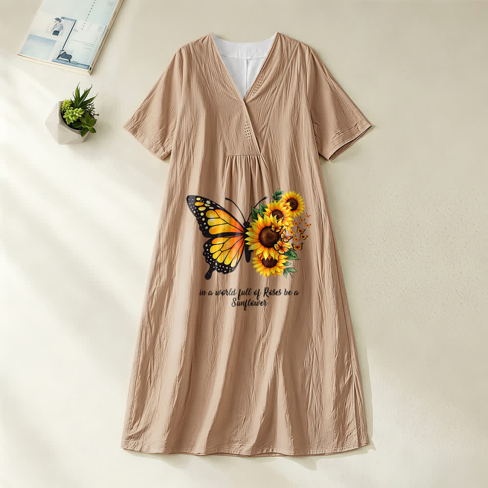 Christianartworkshop Schmetterlings- und Sonnenblumen-Midikleid mit inspirierendem Zitat, V-Ausschnitt und kurzen Ärmeln - Khaki - 4XL - image 7