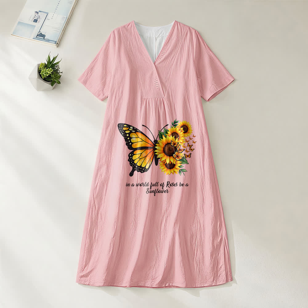 Christianartworkshop Schmetterlings- und Sonnenblumen-Midikleid mit inspirierendem Zitat, V-Ausschnitt und kurzen Ärmeln - Rosa - 4XL - image 8