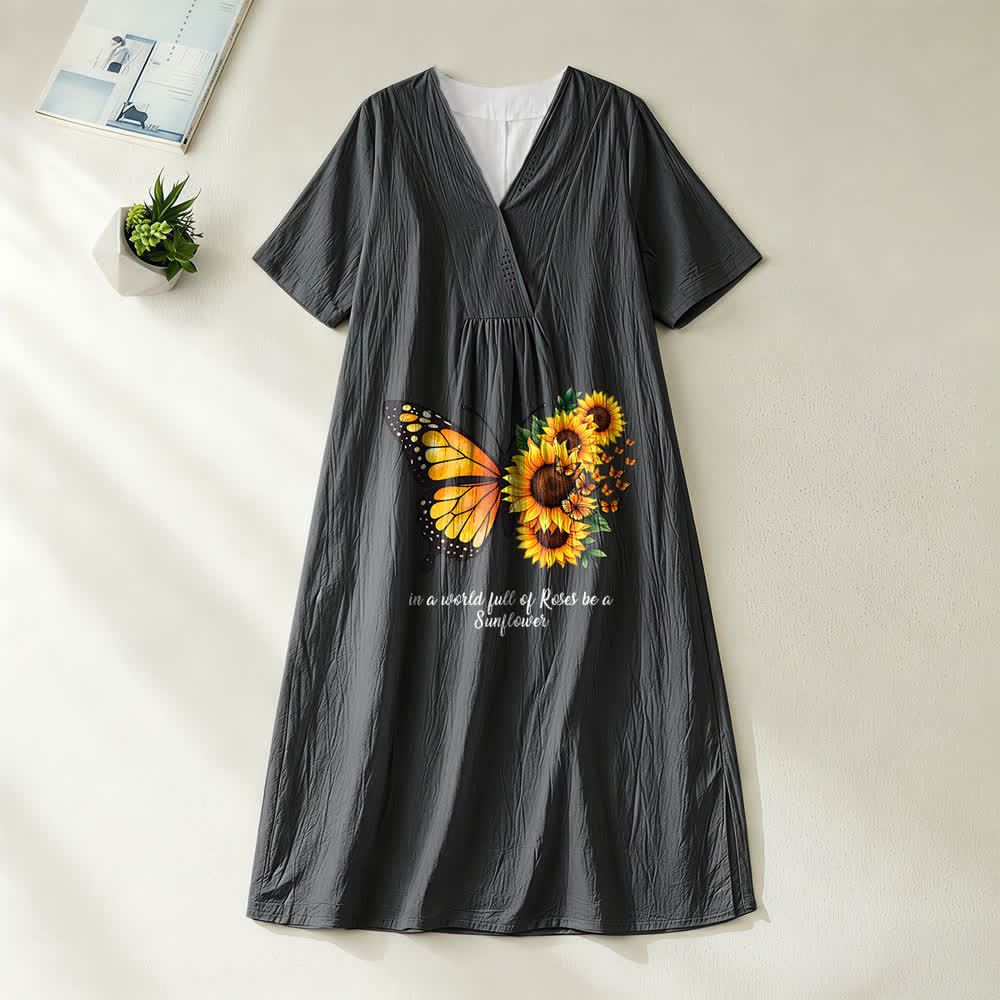 Christianartworkshop Schmetterlings- und Sonnenblumen-Midikleid mit inspirierendem Zitat, V-Ausschnitt und kurzen Ärmeln - Schwarz - 4XL - image 0