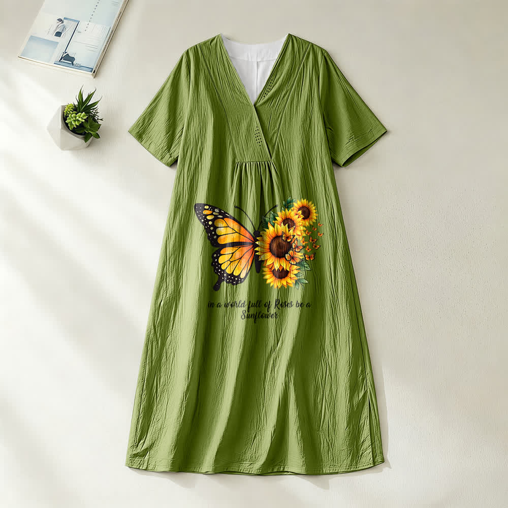 Christianartworkshop Schmetterlings- und Sonnenblumen-Midikleid mit inspirierendem Zitat, V-Ausschnitt und kurzen Ärmeln - Olivgrün - 4XL - image 10