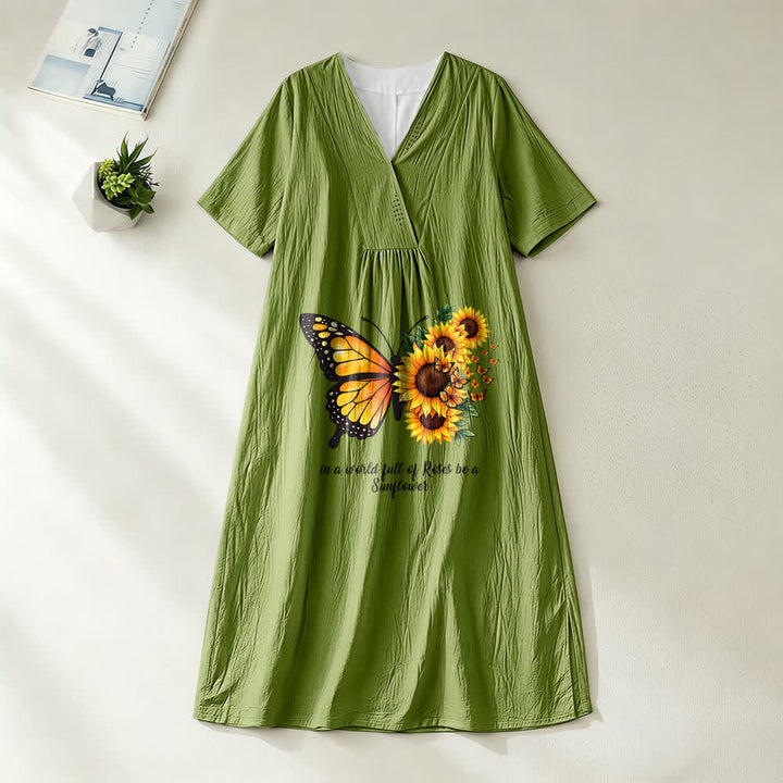 Christianartworkshop Schmetterlings- und Sonnenblumen-Midikleid mit inspirierendem Zitat, V-Ausschnitt und kurzen Ärmeln - Olivgrün - 4XL - image 10