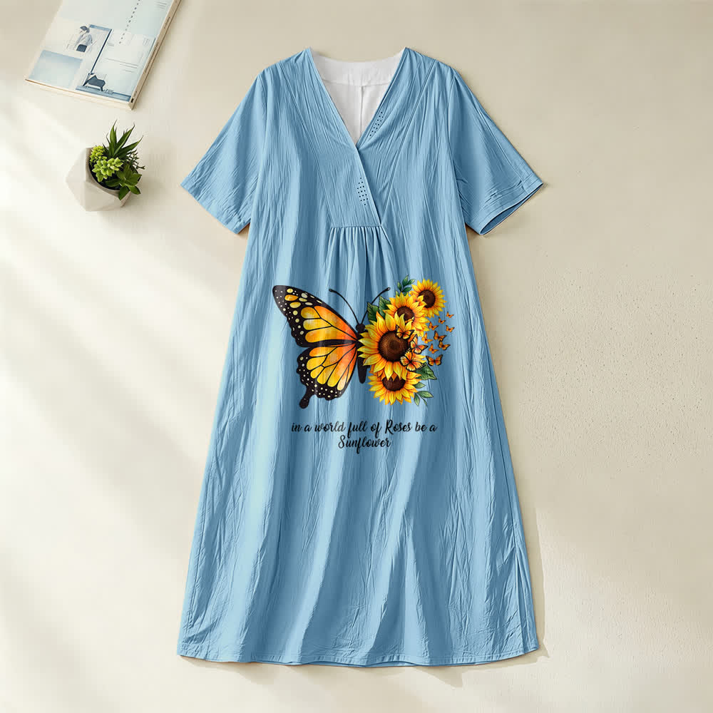 Christianartworkshop Schmetterlings- und Sonnenblumen-Midikleid mit inspirierendem Zitat, V-Ausschnitt und kurzen Ärmeln - image 2