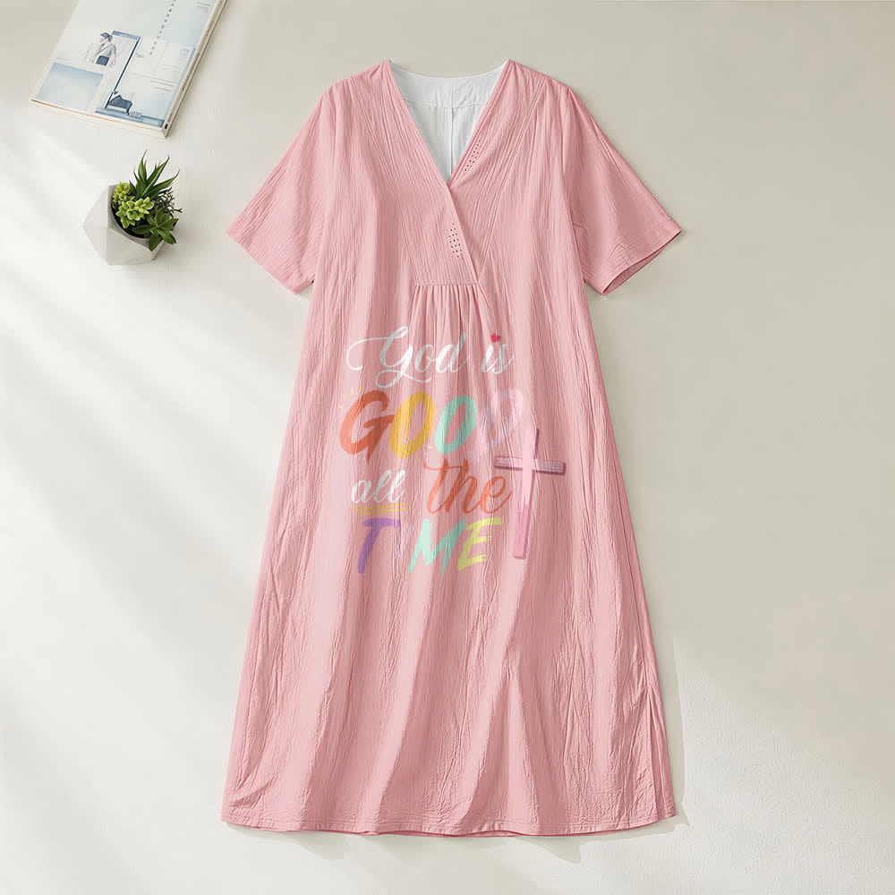 Christianartworkshop Glaubensinspiriertes Midikleid mit V-Ausschnitt und kurzen Ärmeln und dem Aufdruck „Gott ist immer gut“. - Rosa - 4XL - image 8