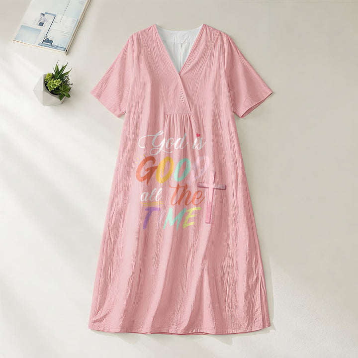 Christianartworkshop Glaubensinspiriertes Midikleid mit V-Ausschnitt und kurzen Ärmeln und dem Aufdruck „Gott ist immer gut“. - Rosa - 4XL - image 8