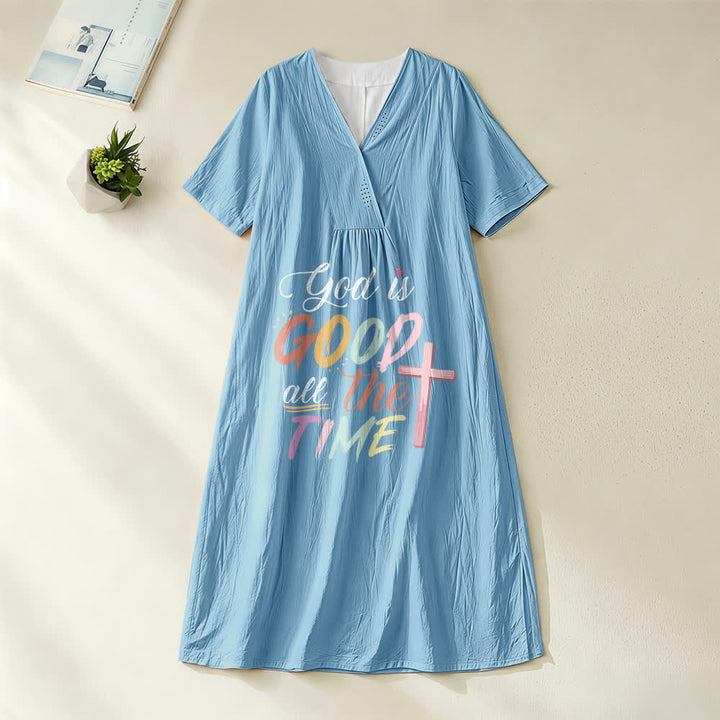 Christianartworkshop Glaubensinspiriertes Midikleid mit V-Ausschnitt und kurzen Ärmeln und dem Aufdruck „Gott ist immer gut“. - Blau - 4XL - image 4