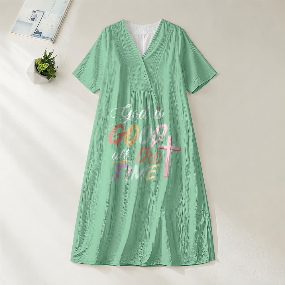 Christianartworkshop Glaubensinspiriertes Midikleid mit V-Ausschnitt und kurzen Ärmeln und dem Aufdruck „Gott ist immer gut“. - Grün - 4XL - image 6