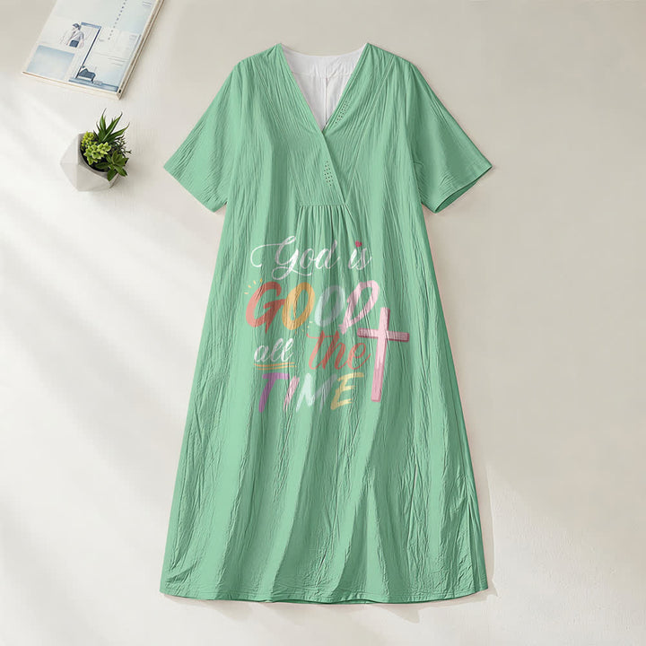 Christianartworkshop Glaubensinspiriertes Midikleid mit V-Ausschnitt und kurzen Ärmeln und dem Aufdruck „Gott ist immer gut“. - Grün - 4XL - image 6