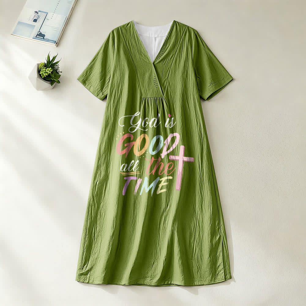 Christianartworkshop Glaubensinspiriertes Midikleid mit V-Ausschnitt und kurzen Ärmeln und dem Aufdruck „Gott ist immer gut“. - Olivgrün - 4XL - image 10