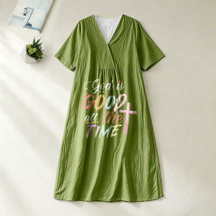 Christianartworkshop Glaubensinspiriertes Midikleid mit V-Ausschnitt und kurzen Ärmeln und dem Aufdruck „Gott ist immer gut“. - Olivgrün - 4XL - image 10