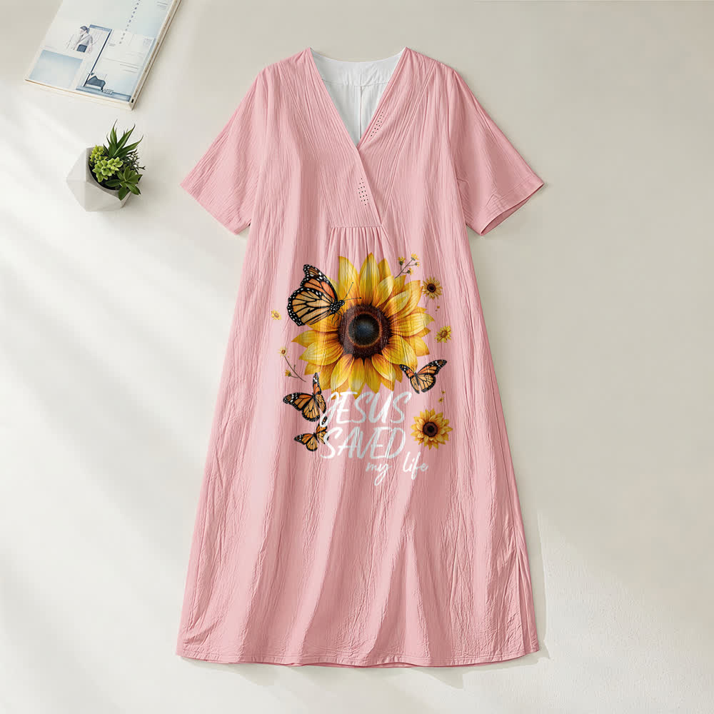 Christianartworkshop „Jesus Saved My Life“ Sonnenblumen- und Schmetterlings-Midikleid mit V-Ausschnitt und kurzen Ärmeln - Rosa - 4XL - image 10