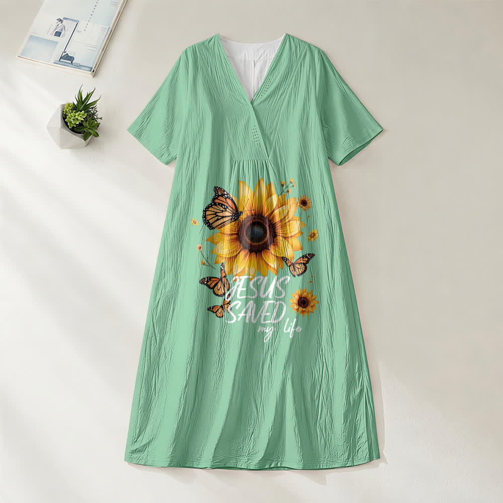 Christianartworkshop „Jesus Saved My Life“ Sonnenblumen- und Schmetterlings-Midikleid mit V-Ausschnitt und kurzen Ärmeln - Grün - 4XL - image 8