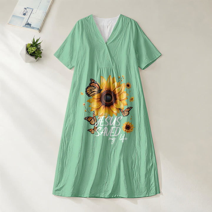 Christianartworkshop „Jesus Saved My Life“ Sonnenblumen- und Schmetterlings-Midikleid mit V-Ausschnitt und kurzen Ärmeln - Grün - 4XL - image 8