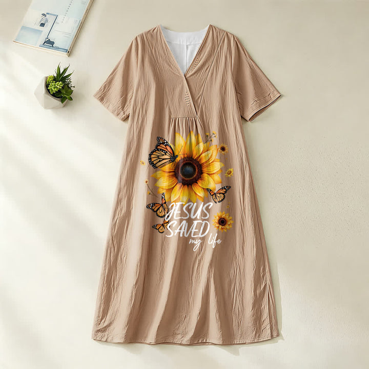Christianartworkshop „Jesus Saved My Life“ Sonnenblumen- und Schmetterlings-Midikleid mit V-Ausschnitt und kurzen Ärmeln - Khaki - 4XL - image 2