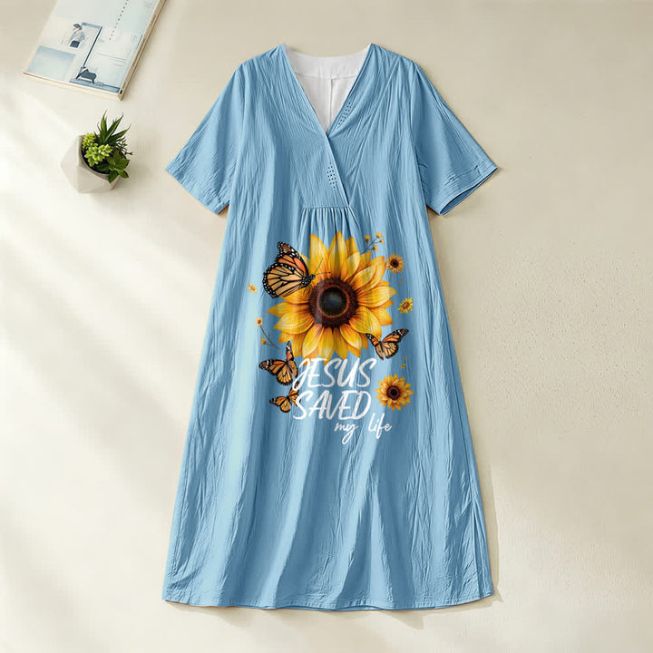 Christianartworkshop „Jesus Saved My Life“ Sonnenblumen- und Schmetterlings-Midikleid mit V-Ausschnitt und kurzen Ärmeln - Blau - 4XL - image 6