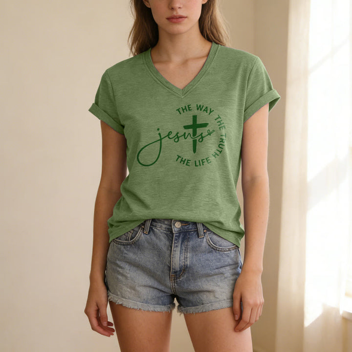 Christianartworkshop Jesus – Der Weg, die Wahrheit, der Lebenskreis – Kreuz – Lässiges V-Ausschnitt-T-Shirt - image 11