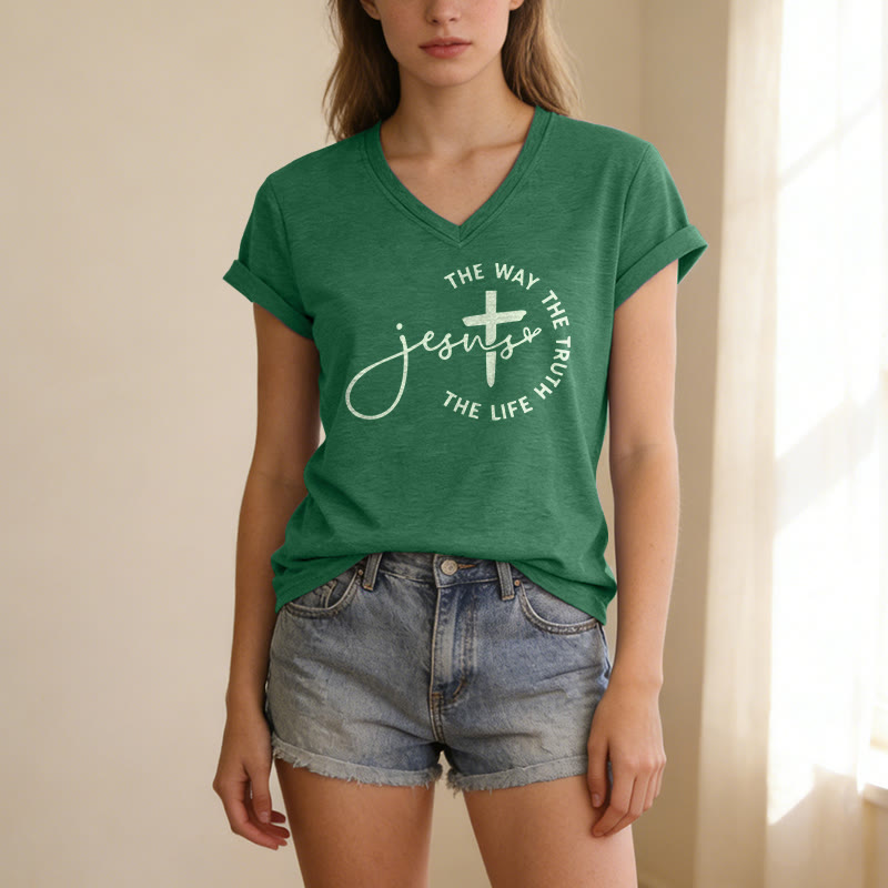 Christianartworkshop Jesus – Der Weg, die Wahrheit, der Lebenskreis – Kreuz – Lässiges V-Ausschnitt-T-Shirt - image 17