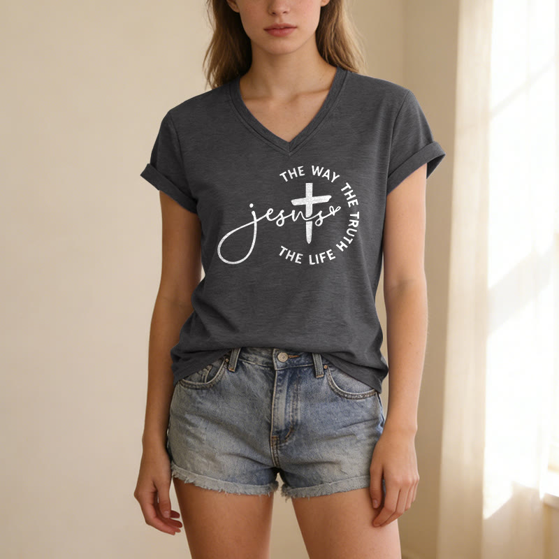 Christianartworkshop Jesus – Der Weg, die Wahrheit, der Lebenskreis – Kreuz – Lässiges V-Ausschnitt-T-Shirt - image 1