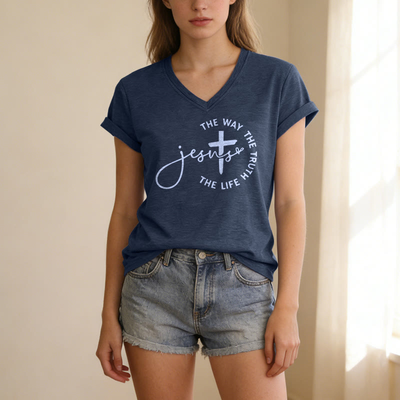 Christianartworkshop Jesus – Der Weg, die Wahrheit, der Lebenskreis – Kreuz – Lässiges V-Ausschnitt-T-Shirt - image 21