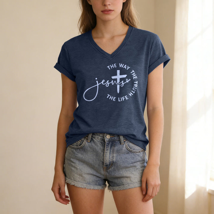 Christianartworkshop Jesus – Der Weg, die Wahrheit, der Lebenskreis – Kreuz – Lässiges V-Ausschnitt-T-Shirt - image 21