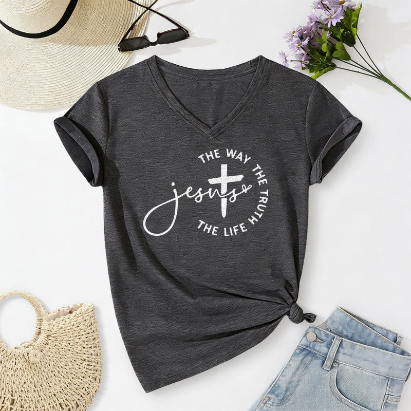 Christianartworkshop Jesus – Der Weg, die Wahrheit, der Lebenskreis – Kreuz – Lässiges V-Ausschnitt-T-Shirt - Dunkelgrau - 2XL - image 0