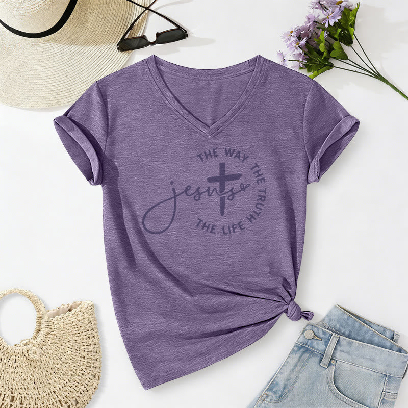 Christianartworkshop Jesus – Der Weg, die Wahrheit, der Lebenskreis – Kreuz – Lässiges V-Ausschnitt-T-Shirt - Lila - 2XL - image 18