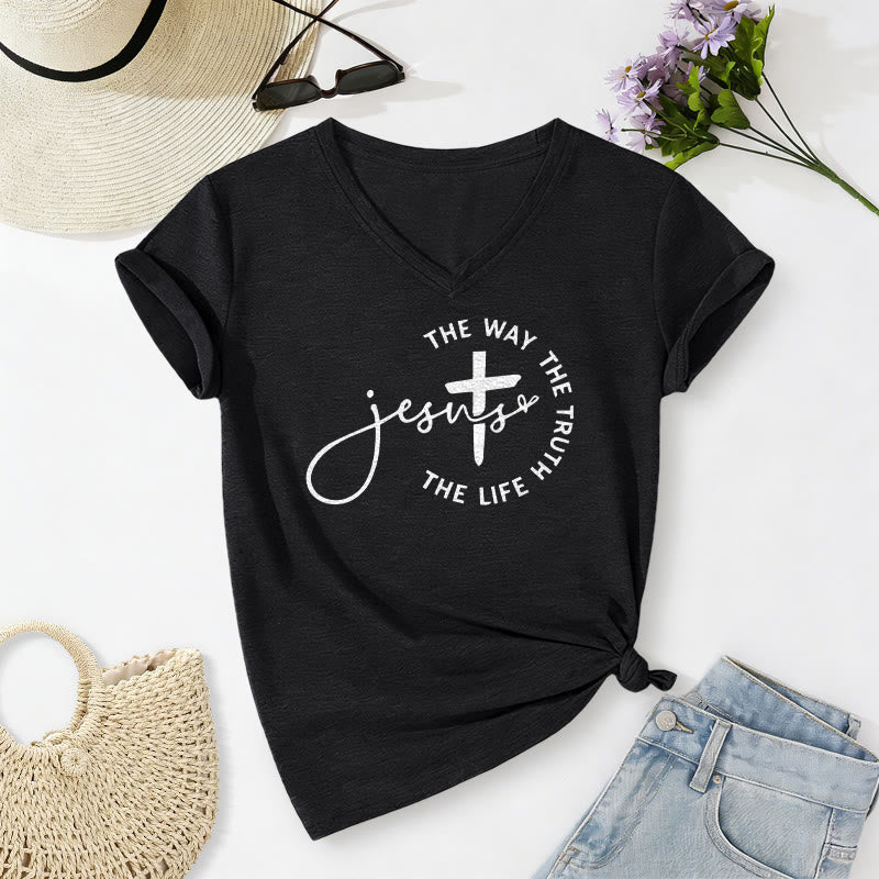 Christianartworkshop Jesus – Der Weg, die Wahrheit, der Lebenskreis – Kreuz – Lässiges V-Ausschnitt-T-Shirt - Schwarz - 2XL - image 6