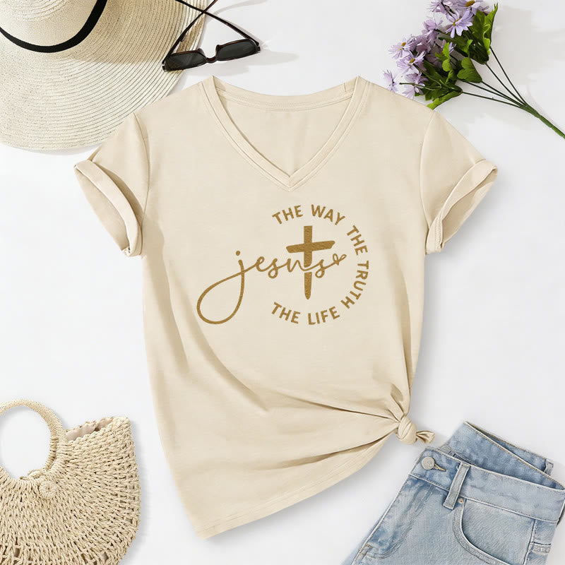 Christianartworkshop Jesus – Der Weg, die Wahrheit, der Lebenskreis – Kreuz – Lässiges V-Ausschnitt-T-Shirt - Beige - 2XL - image 2