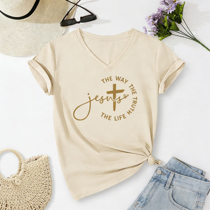 Christianartworkshop Jesus – Der Weg, die Wahrheit, der Lebenskreis – Kreuz – Lässiges V-Ausschnitt-T-Shirt - Beige - 2XL - image 2