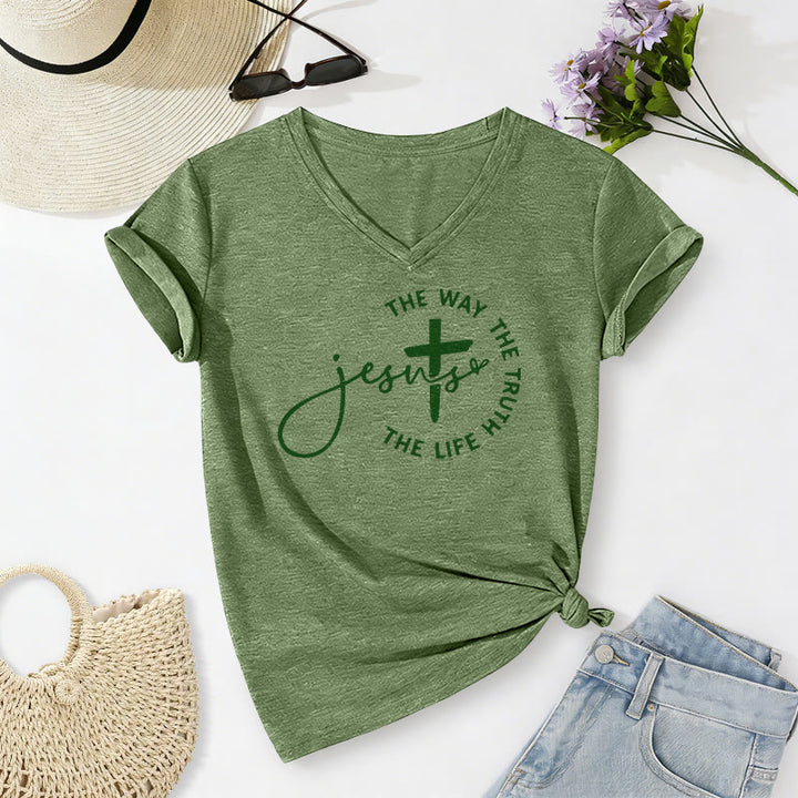 Christianartworkshop Jesus – Der Weg, die Wahrheit, der Lebenskreis – Kreuz – Lässiges V-Ausschnitt-T-Shirt - Olivgrün - 2XL - image 10