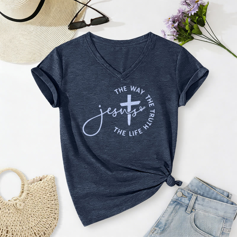 Christianartworkshop Jesus – Der Weg, die Wahrheit, der Lebenskreis – Kreuz – Lässiges V-Ausschnitt-T-Shirt - Marineblau - 2XL - image 20
