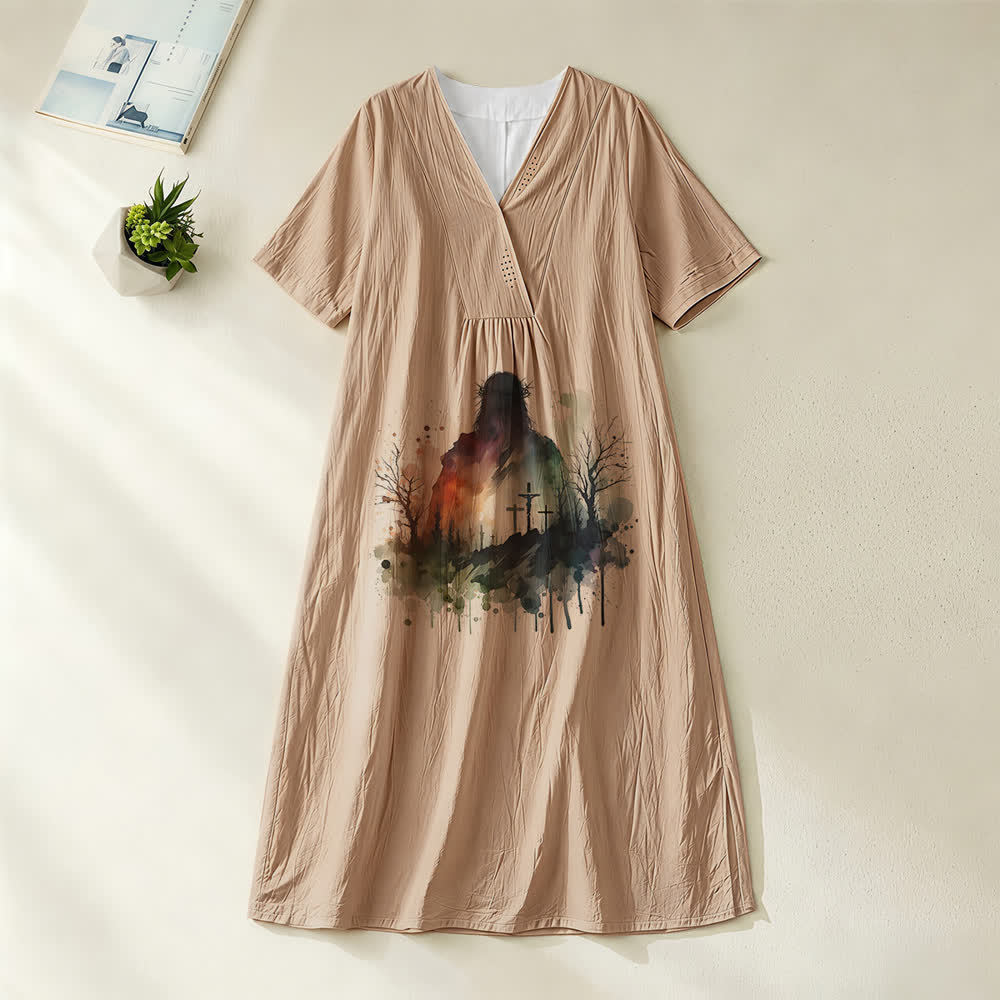 Christianartworkshop Religiöse Kunst Aquarell Jesus Silhouette V-Ausschnitt Kurzarm Midikleid - Khaki - 4XL - image 6