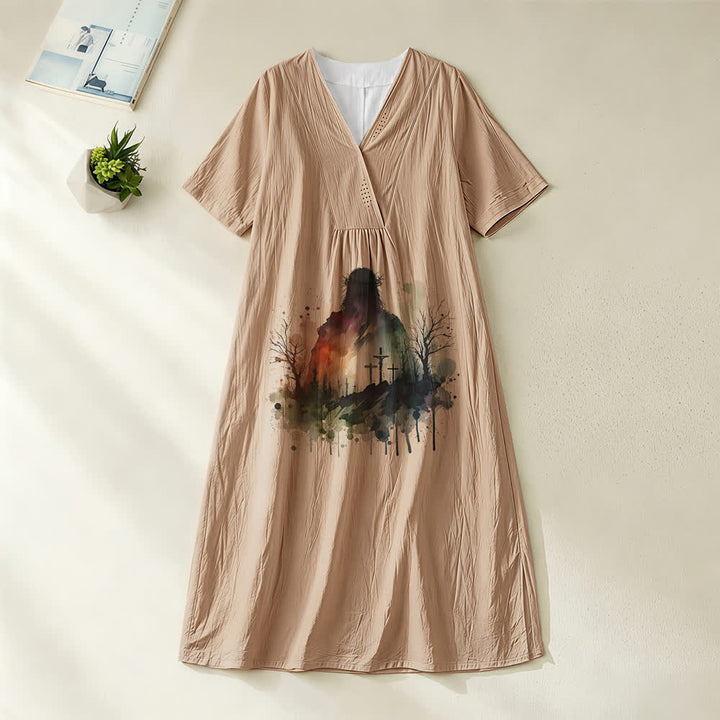 Christianartworkshop Religiöse Kunst Aquarell Jesus Silhouette V-Ausschnitt Kurzarm Midikleid - Khaki - 4XL - image 6