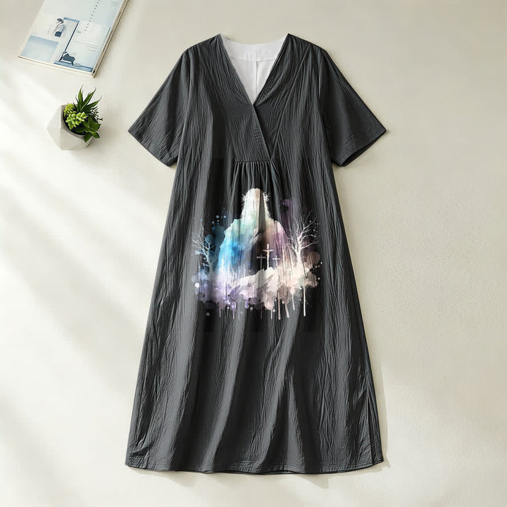 Christianartworkshop Religiöse Kunst Aquarell Jesus Silhouette V-Ausschnitt Kurzarm Midikleid - Schwarz - 4XL - image 2
