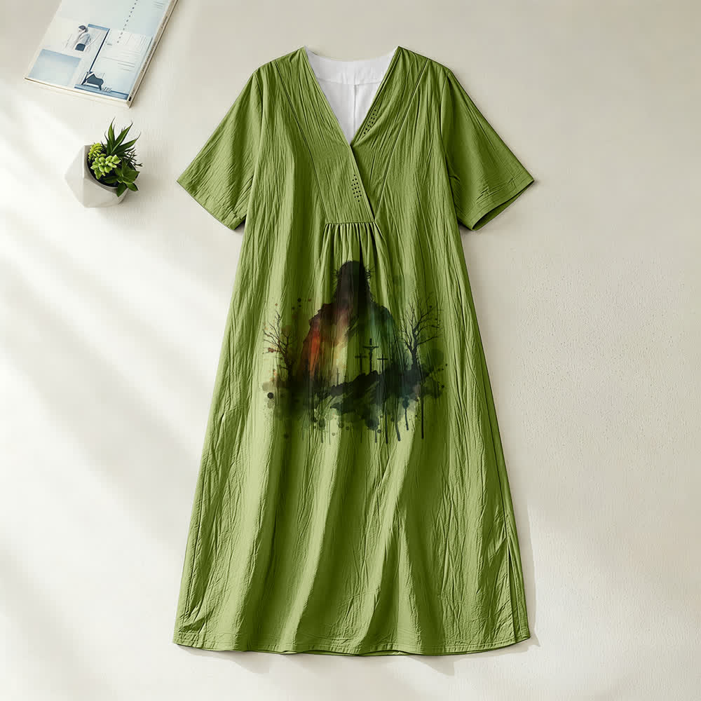 Christianartworkshop Religiöse Kunst Aquarell Jesus Silhouette V-Ausschnitt Kurzarm Midikleid - Olivgrün - 4XL - image 10