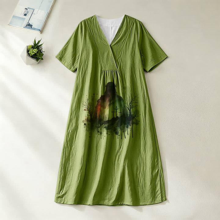 Christianartworkshop Religiöse Kunst Aquarell Jesus Silhouette V-Ausschnitt Kurzarm Midikleid - Olivgrün - 4XL - image 10