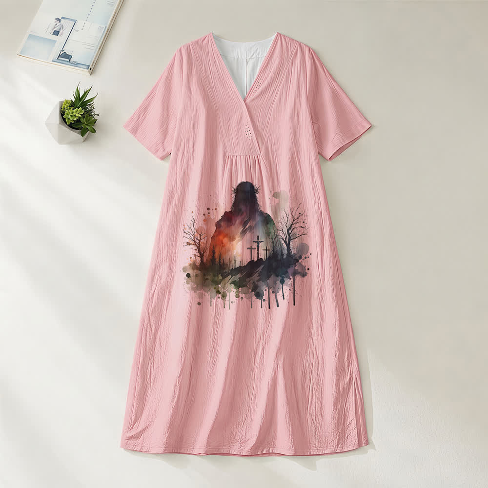 Christianartworkshop Religiöse Kunst Aquarell Jesus Silhouette V-Ausschnitt Kurzarm Midikleid - Rosa - 4XL - image 8